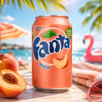 Oranje Fanta Peach met perziksmaak frisdrankblikje uit Amerika / USA