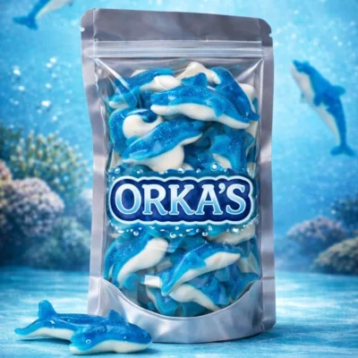Zachte orka’s en dolfijnen snoep van Frisia, blauw-wit dieren schepsnoep met fruitige smaak