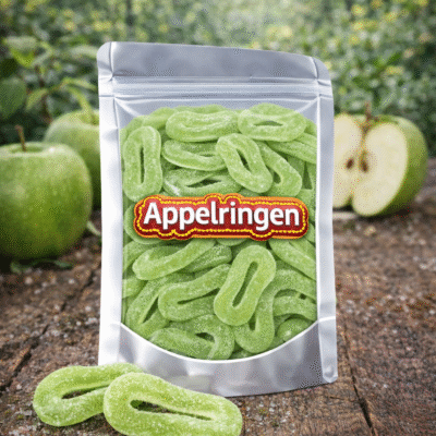 Haribo appelringen, zure groen-witte snoepringen met appelsmaak, Haribo zure ringen met suikerlaagje, klassieke zure appel fruitgum