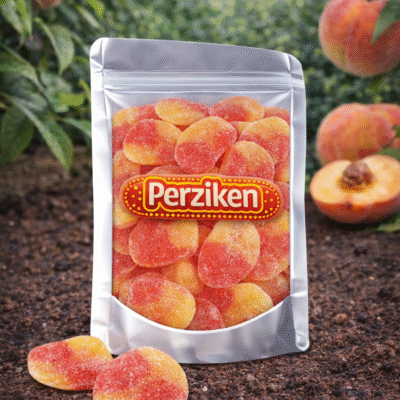 Zachte Haribo perzik snoepjes met een suikerlaagje in de kleuren oranje en geel