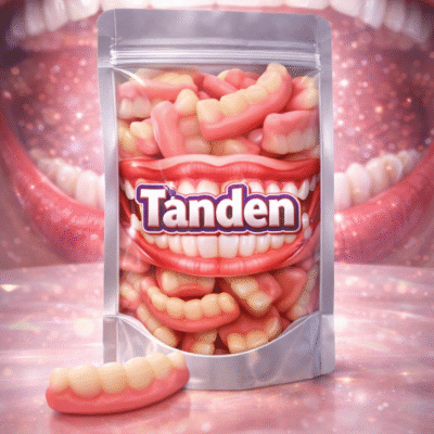 Glanzende tanden snoepjes van Jake, tweekleurige fruitgom in de vorm van een enkel gebit in de kleuren rood en wit