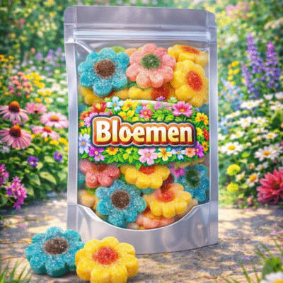 Gesuikerde bloemen snoepjes van Dulce Plus in verschillende kleuren, tweekleurige fruitgom in de vorm van bloemetjes met een fijn suikerlaagje