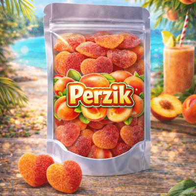 Gesuikerde perzik hartjes snoep van Jake, zachte tweekleurige fruitgom in twee tinten oranje met een zoete perziksmaak en een fijn suikerlaagje.