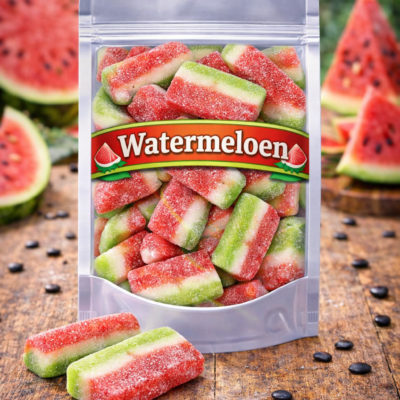 Jake zure watermeloen snoepjes, tweekleurige rode en groene gummies in de vorm van een watermeloen slice, met een zachte bite en een verfrissend zuur suikerlaagje.