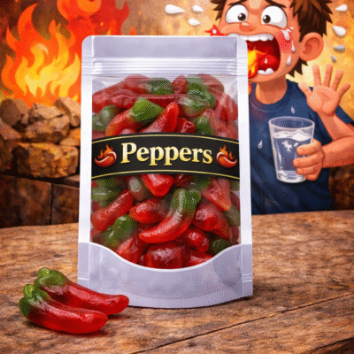 Dulce Plus chili peppers snoep, rood-groene peper snoepjes met een licht pittige smaak, gladde fruitgum chili pepers van Dulce Plus, spicy snoepgoed zonder suikerlaag