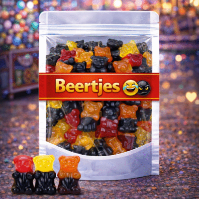 Matthijs duobeertjes drop fruit, zachte drop fruitbeertjes van het merk Matthijs, tweekleurige beertjes snoep drop en winegum, Matthijs duo beertjes