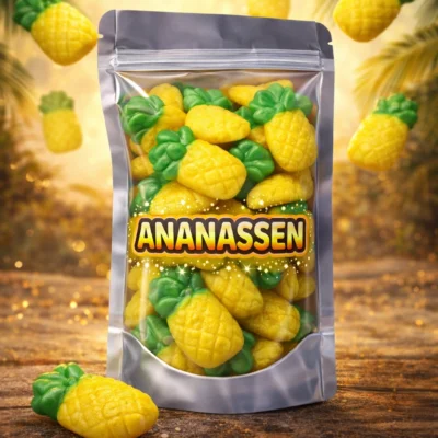 Zoete ananas snoepjes van Jake, zachte gele en groene snoepjes in ananasvorm met tropische ananassmaak zonder suikerlaag