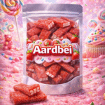 Zoetzure aardbei stenen van Vidal, rode en witte fruitgom snoepjes met een stevige bite en een zachte crème vulling