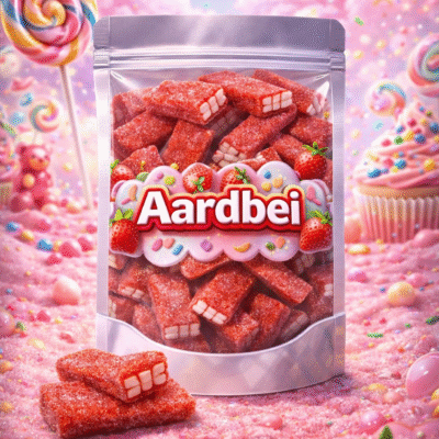 Zoetzure aardbei stenen van Vidal, rode en witte fruitgom snoepjes met een stevige bite en een zachte crème vulling