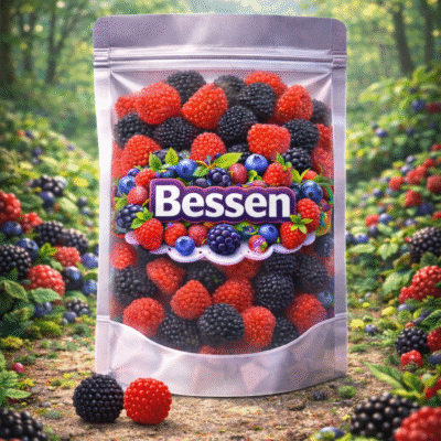 Zachte mini wilde bessen snoepjes van Dulce Plus in de kleuren rood en zwart, bedekt met fijne suiker-sprinkels en een zoete bessen smaak