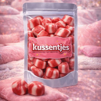Rode getwiste kussentjes van Dulce Plus, zachte rood-witte gedraaide snoepjes met een zoete vulling en een glanzende afwerking
