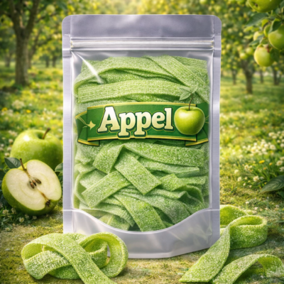 Zure matten appel van Jake, lange groene zure matjes met een frisse appelsmaak en een intens zuur suikerlaagje