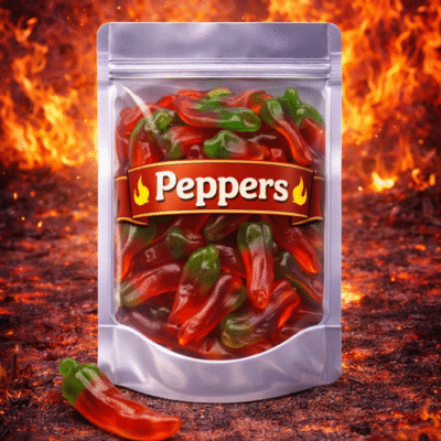Dulce Plus Mini Jelly Chili Peppers: suikervrije gummy snoepjes in de vorm van kleine rood-groene pepers met een super zachte textuur, een zoete fruitige smaak en een subtiele, milde pittige nasmaak.
