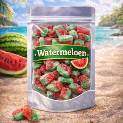 Dulce Plus Mini Watermeloen snoepjes: zachte tweekleurige rode en groene jelly gums met een fijn zuur suikerlaagje, een intense watermeloensmaak en een milde zure bite