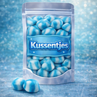 Dulce Plus getwiste blauwe kussentjes: zachte tweekleurige blauw-witte snoepjes in een gedraaide vorm met een milde, zoete smaak en een luchtige, zachte textuur