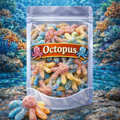 Jake lichtzure octopus snoepjes, kleurrijke tweekleurige gummies in de vorm van een inktvis met een zachte textuur en een fijn laagje lichtzuur suiker
