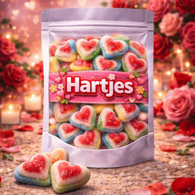 Dulce Plus gesuikerde 3D hartjes snoep, rood-witte fruitgom harten met suikerlaag, glutenvrij snoepgoed voor traktaties en Valentijnsdag