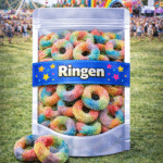 Dulce Plus regenboog ringen, gesuikerde meerkleurige fruitgum ringen, zure regenboog snoepjes van Dulce Plus, tweekleurige zure ringen met suikerlaag