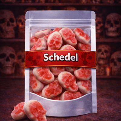 Dulce Plus jelly schedel snoepjes, zachte fruitgum doodskopjes, tweekleurige schedel snoepjes van Dulce Plus, griezelig lekker fruitgom snoepgoed
