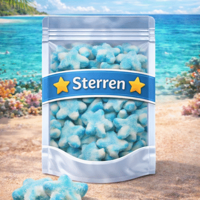 Blauwe gesuikerde sterren snoep van Dulce Plus, blauw-witte sterretjes met suikerlaag, decoratief snoep voor babyshower jongen, Dulce Plus sterren snoepjes