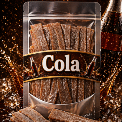 Cola zure matten van Jake, lange bruine snoepmat met colasmaak en zure suikerlaag