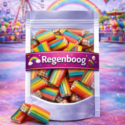 Dulce Plus regenboog snoep steentjes met crème vulling, kleurrijke vierkante snoepjes, meerkleurige bricks van Dulce Plus, gestreept snoep met witte vulling