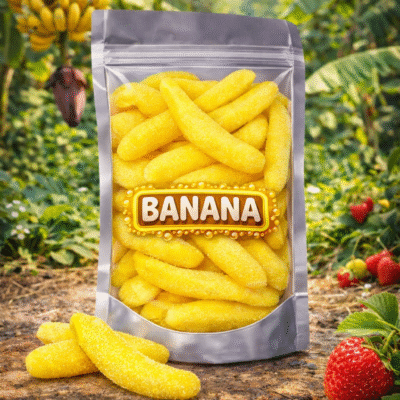 Jake gesuikerde bananen snoep, zachte gummies met bananensmaak en suikerlaag