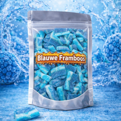 Zure blauwe framboos stukjes snoep van Jake, snoep met blauwe framboos smaak.