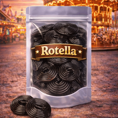 Haribo Rotella drop: glanzende diepzwarte dropveters opgerold in een ronde spiraalvorm met een zachte, elastische textuur en de authentieke, zoete smaak van dropextract
