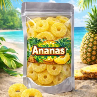 Gele zure ananasschijven met suikerlaag, vegan snoep met tropische ananassmaak
