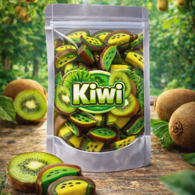 Glanzende Vidal kiwi schijfjes in de smaken kiwi gold en kiwi green, in de vorm van tweekleurige fruitgom schijfjes. Kiwi snoep