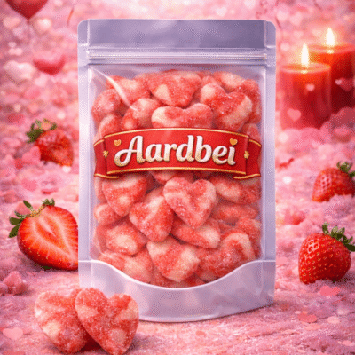 Getwiste aardbei hartjes van Dulce Plus, zachte rood-witte gesuikerde snoepjes in hartvorm met een zoete aardbeismaak en een gedraaid patroon