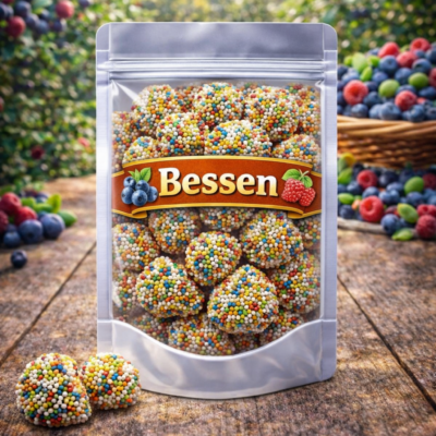 Gekleurde bessen van Dulce Plus, zachte fruitgom snoepjes in de vorm van bramen en frambozen, bedekt met een knapperig laagje gekleurde suikerparels of sprinkels.