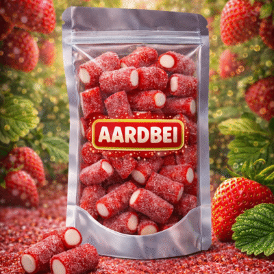 Zure aardbei potlood snoep van Vidal, zure aardbei snoepjes in rode kleur in de vorm van potlood