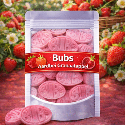 BUBS Aardbei Granaatappel snoep – Vegan en glutenvrije ovale snoepjes in de kleuren rood en roze met een zoete vruchtensmaak