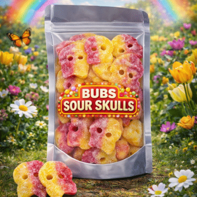 Bubs Big Sour Skulls snoep – grote zure schuimschedels met fruitige smaak