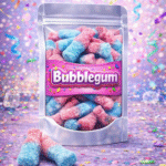 Lutti Bubblegum flesjes snoep: tweekleurige roze en blauwe snoepjes in de vorm van flesjes, bedekt met een knapperig suikerlaagje, een zachte textuur en de authentieke, zoete smaak van bubblegum