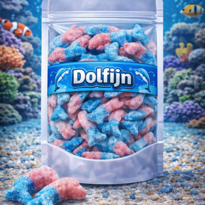Zure bubblegum dolfijntjes, roze en blauwe tweekleurige dolfijn snoepjes met zuur suikerlaagje, Frisia dolfijnen snoepgoed, glutenvrij