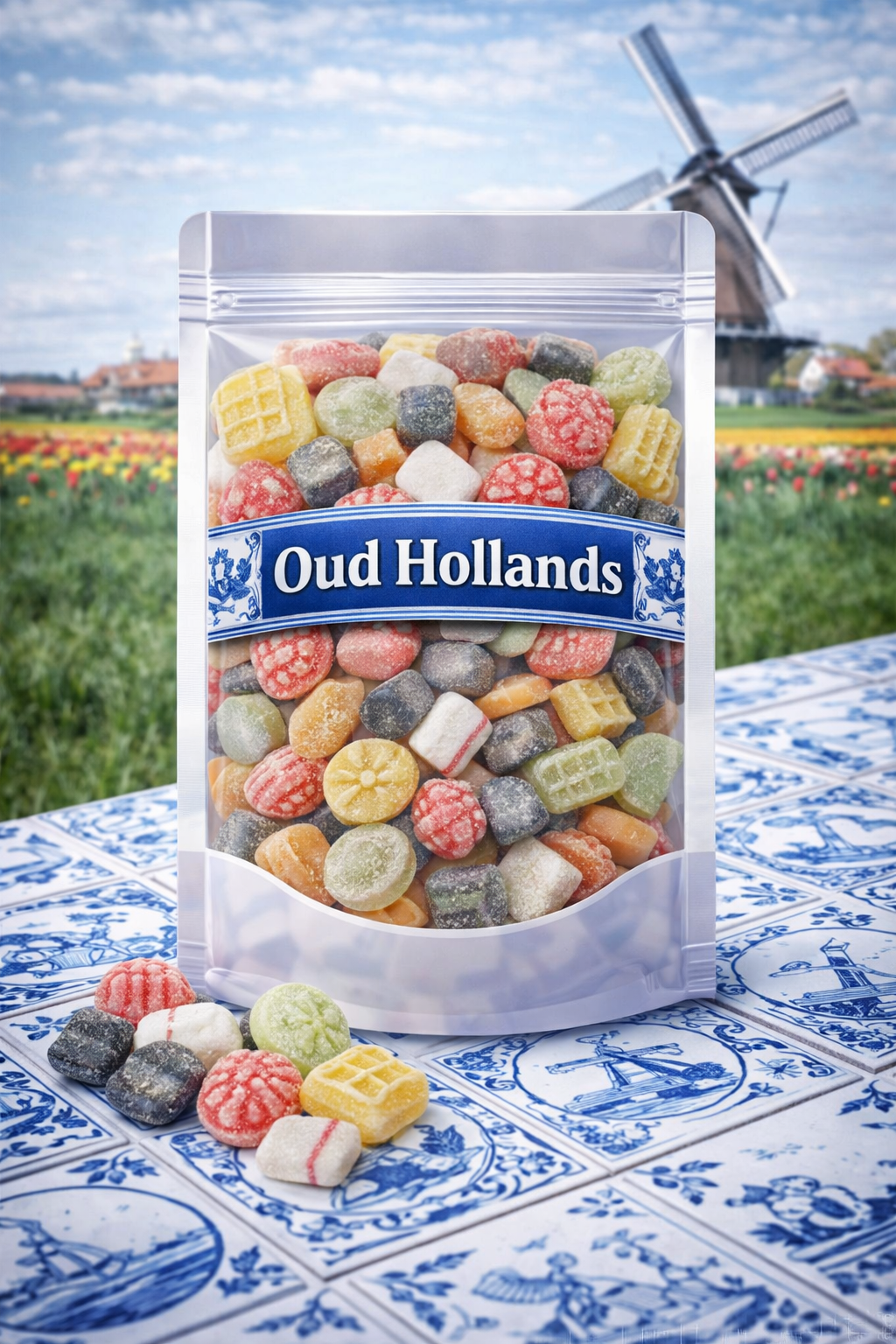 Oud Hollandse snoepmix van Oud Hollandz Foodz met boterbabbelaars, framboosjes, appeltjes en nostalgische kussentjes, ambachtelijke Hollandse snoepjes.