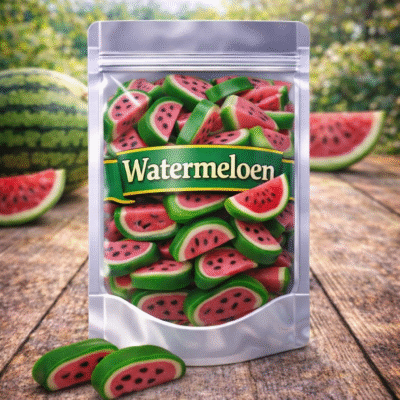 Vidal watermeloen schijfjes peelable snoep, interactief snoepgoed met een stevige groene buitenkant die je kunt pellen en een zachte, rode fruitige vulling aan de binnenkant