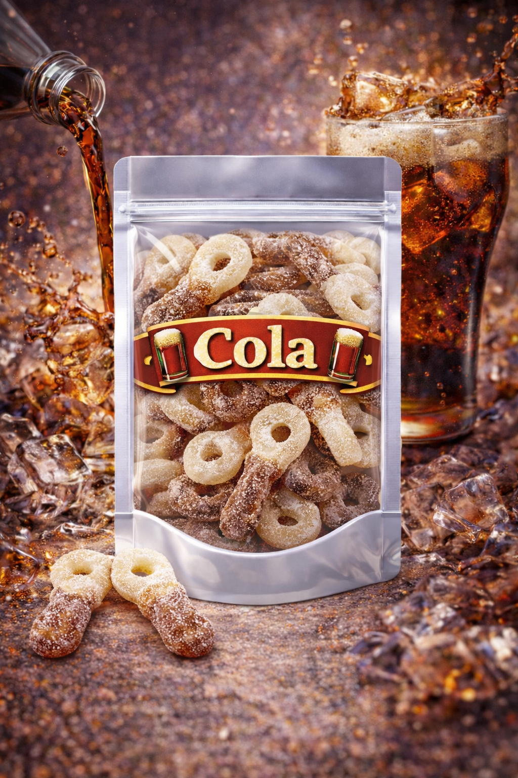 Frisia zure cola tutters, tweekleurige fopspeen snoepjes met een authentieke cola smaak, een stevige beet en een krachtig zuur suikerlaagje