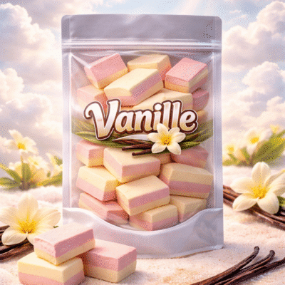 Schuimblokken vanille snoep van Kindly in roze en witte kleur, vierkante blokvorm met lichte afbrokkelende buitenkant.