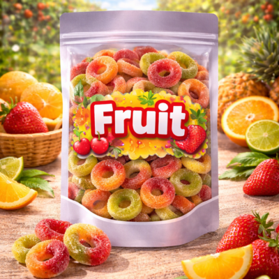 Park Lane mini fruit snoep ringen, zachte tweekleurige snoepringen met de frisse smaak van appel en perzik, afgewerkt met een fijn suikerlaagje voor een zoete bite.