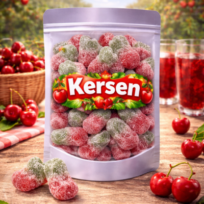 Matthijs zure kersjes, tweekleurige zure kersen snoepjes met suikerlaag, vegetarisch en glutenvrij snoepgoed, zure fruitgom kersen