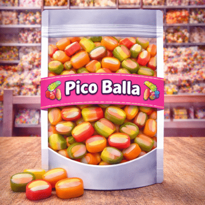 Haribo Pico Balla, kleurrijke gevulde fruitgum snoepjes, Haribo Pico-Balla met dubbele vulling, zachte tweekleurige fruitgom rolletjes van Haribo