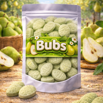BUBS foam peer, Zweeds snoepgoed, tweekleurige groen-gele peren van BUBS, licht gesuikerde fruitige foam snoepjes, vegan en glutenvrij
