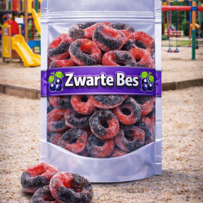 Park Lane zure zwarte ringen, rood-zwarte snoepringen met zwarte bes smaak, gesuikerde tweekleurige blackcurrant ringen van Park Lane, zuur snoepgoed