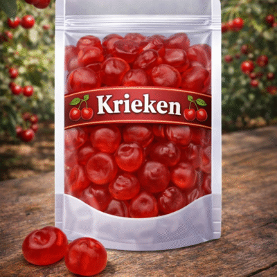 Matthijs krieken, zachte rode kersen snoepjes, authentieke Matthijs kersen met vruchtensmaak, klassiek Nederlands snoepgoed