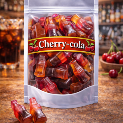 Matthijs zachte cherry cola flesjes, tweekleurige kersen-cola snoepjes van fruitgom, rood-bruine colaflesjes met kersensmaak, glutenvrij Nederlands snoepgoed van Matthijs