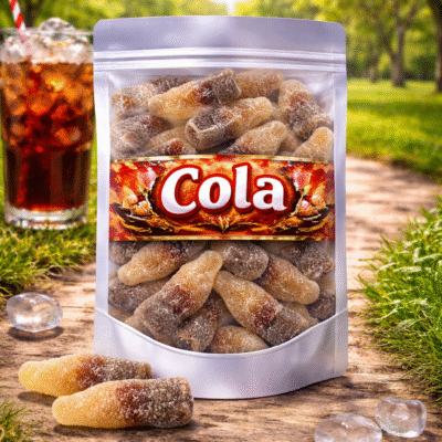 Frisia zure cola flesjes, gesuikerde cola winegums met zure smaak, tweekleurige bruin-roze colaflesjes van Frisia snoep, glutenvrij snoepgoed
